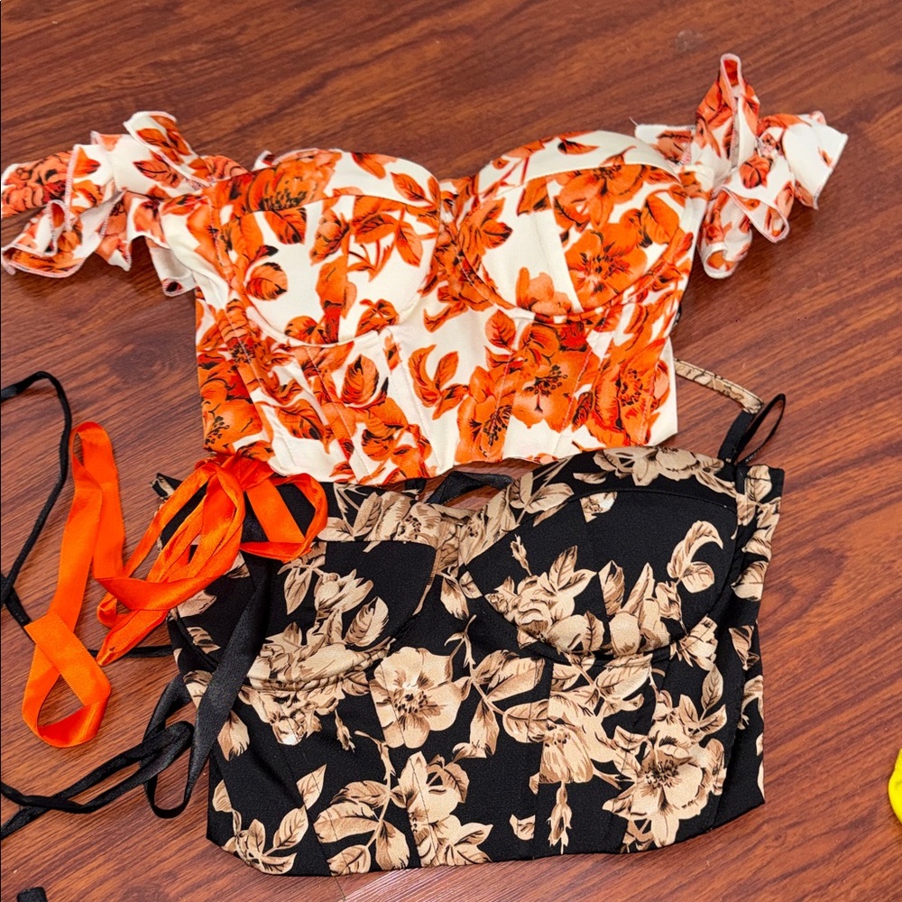 SHEIN Floral Bustier Camisoles in Orange/Cream and Black/Cream